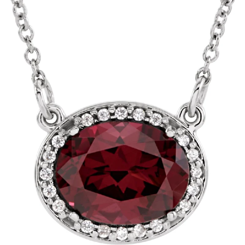 Vintage Style Chain Necklace-Oval Rhodolite Garnet & .05 Ctw Diamond 14k White Gold Necklace, 16 In