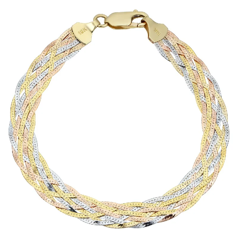 Custom Bracelet with Multiple Charms-TRI-TONE GOLD BRAIDED HARRINGBONE BRACELET