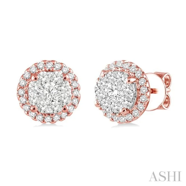 Sparkling Earrings for Evening Parties-3/4 Ctw Lovebright Round Cut Diamond Earrings in 14K Rose and White Gold