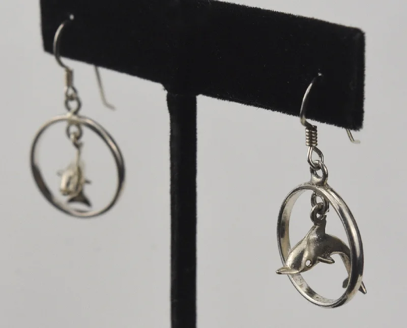 Fashion Forward Earrings for Teen Girls-Sterling Silver Dangling Dolphins Hoop Earrings