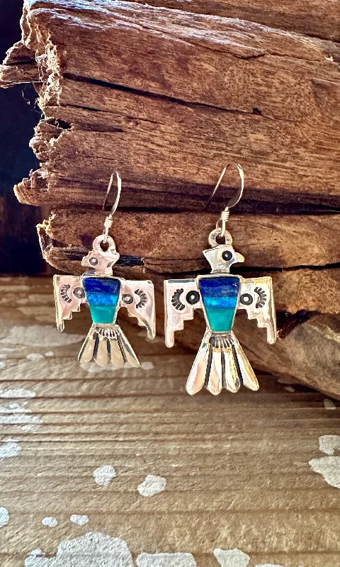 Turquoise Drop Earrings for Summer-TRIPLE THUNDERBIRD Lapis, Turquoise, Blue Opal Earrings • 4g