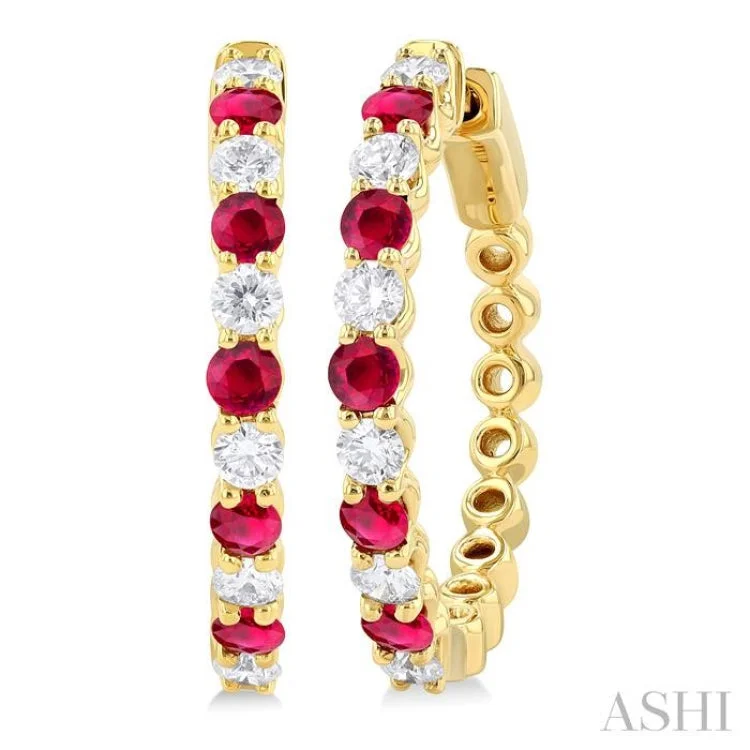 Fashion Forward Earrings for Teen Girls-7/8 ctw Round 2.7MM Ruby and Round Cut Diamond Precious Hoop Earring in 14K Yellow Gold