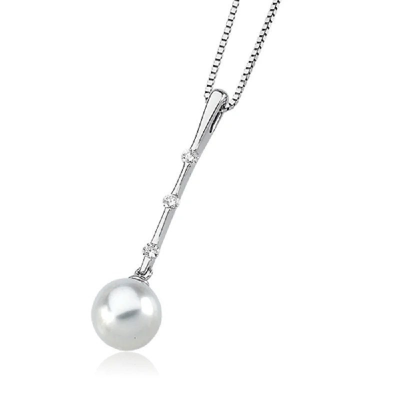 Pearl and Crystal Necklace for Weddings-7.5mm FW Cultured Pearl, .09 Ctw Diamond & 14k White Gold Necklace