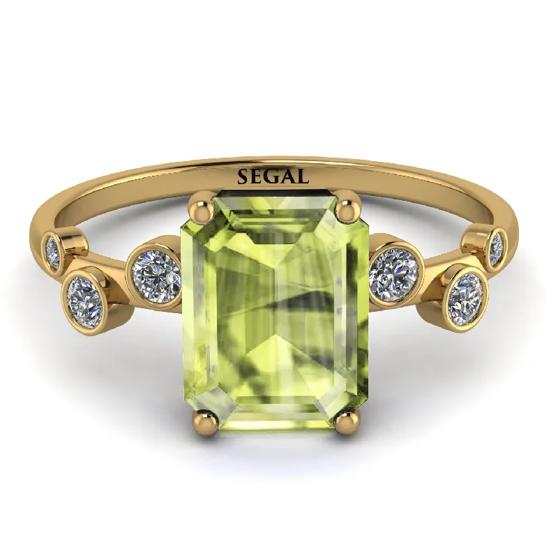 Stylish Gold Ring for Special Occasions-Emerald Cut Peridot Ring With Bezel - Alina No. 701