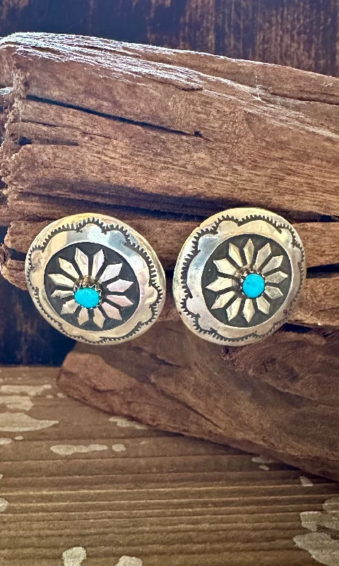 Luxury Silver Earrings for Women-LARGE PINWHEEL Sterling Silver & Turquoise Stud Earrings