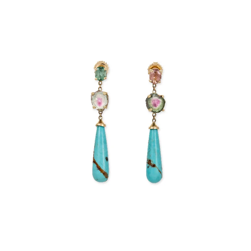 Stylish Gold Earrings for Weddings-SMALL ASSORTED TOURMALINE + TURQUOISE DROPLET STUD EARRINGS