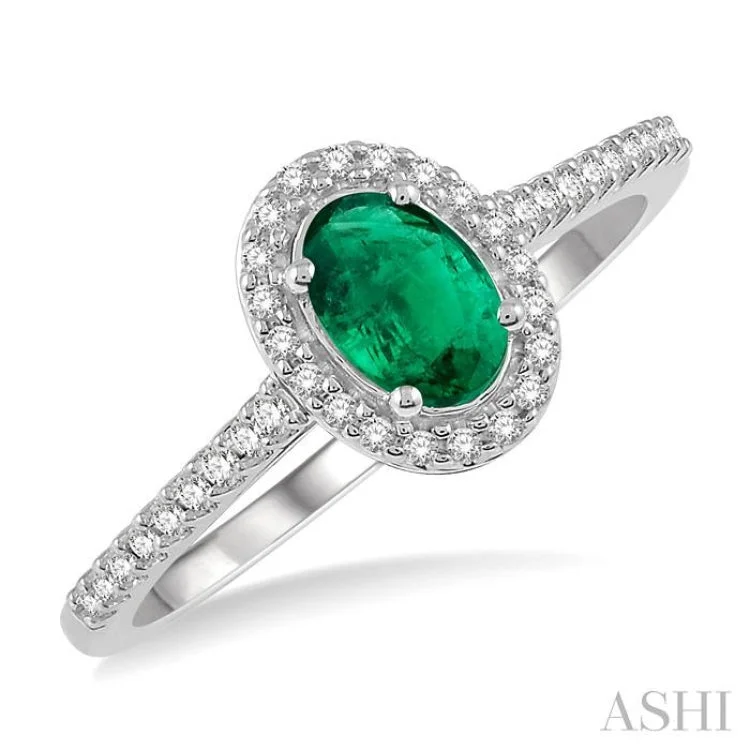 Classic Solitaire Ring for Engagement-1/5 Ctw Oval Shape 6x4mm Emerald & Round Cut Diamond Precious Ring in 10K White Gold