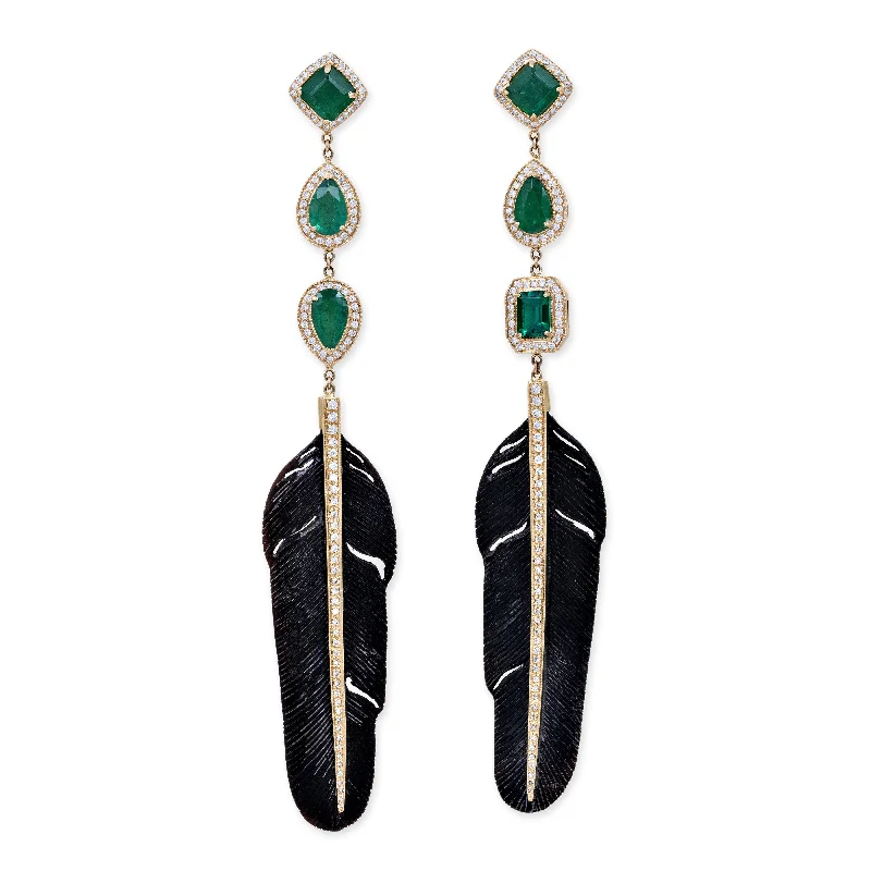 Simple Hoop Earrings for Casual Looks-PAVE TRIPLE EMERALD + PAVE BLACK FEATHER EARRINGS