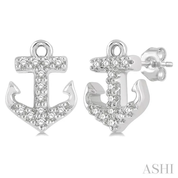 Beautiful Diamond Earrings for Women-1/10 Ctw Anchor Round Cut Diamond Petite Fashion Earring in 14K White Gold