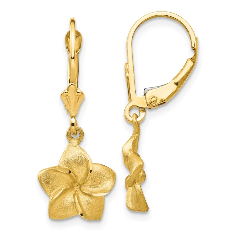 Acrylic Earrings for Casual Looks-14k Satin & Diamond-Cut Plumeria Dangle Leverback Earrings