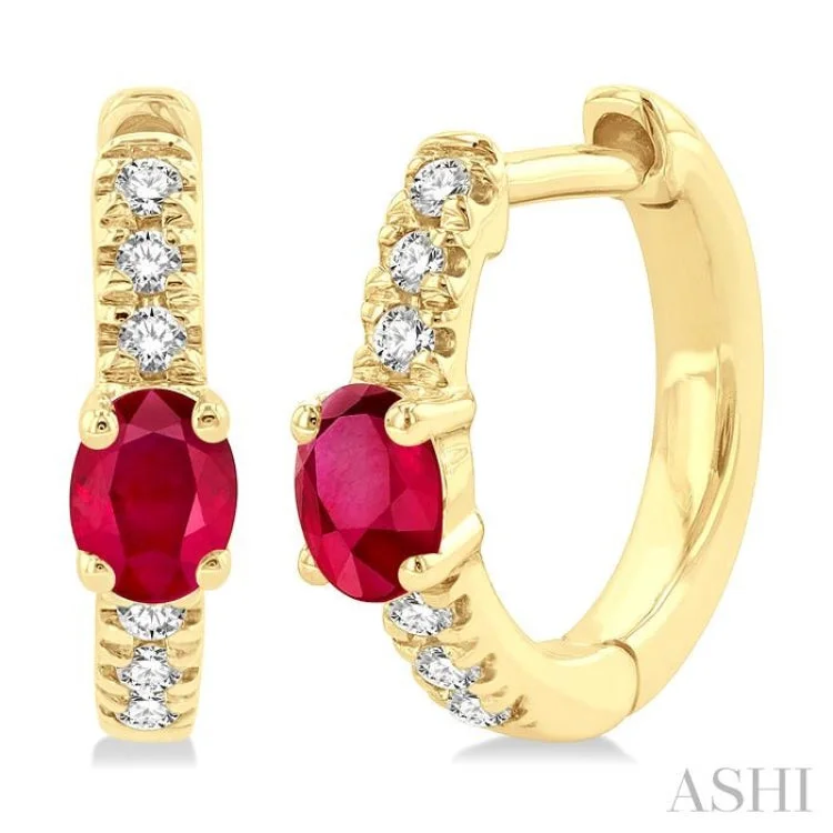 Dazzling Earrings for Night Parties-1/10 ctw Petite 4X3MM Oval Cut Ruby and Round Cut Diamond Fashion Huggies in 10K Yellow Gold