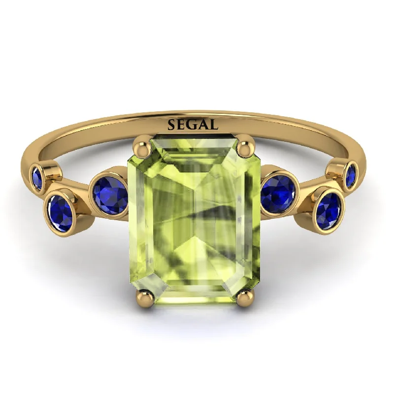 Wedding Ring Set with Diamonds-Emerald Cut Peridot Ring With Bezel - Alina No. 713