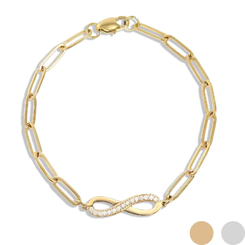 Multi-Stone Bracelet for Special Events-18K Gold PVD Stainless Steel Stone "Infinity" Paperclip Chain Bracelet / BRJ1007