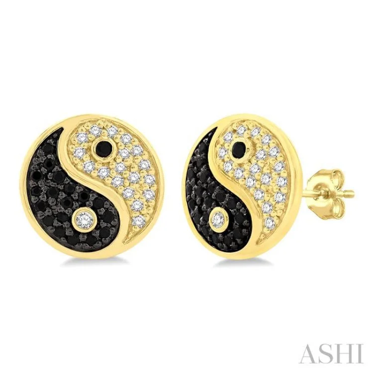 Chic Gold Earrings for Women-1/4 ctw Petite Tao Yin Yang Black and White Round Cut Diamond Fashion Stud Earring in 10K Yellow Gold