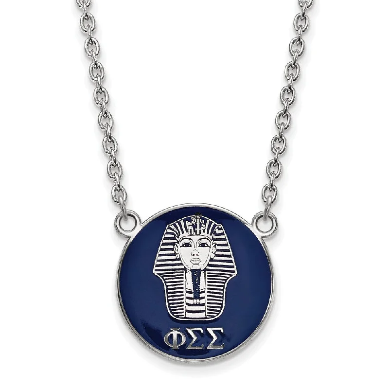 Custom Birthstone Necklace for Family Gifts-Sterling Silver Phi Sigma Sigma Large Navy Enamel Sphinx Disc Necklace