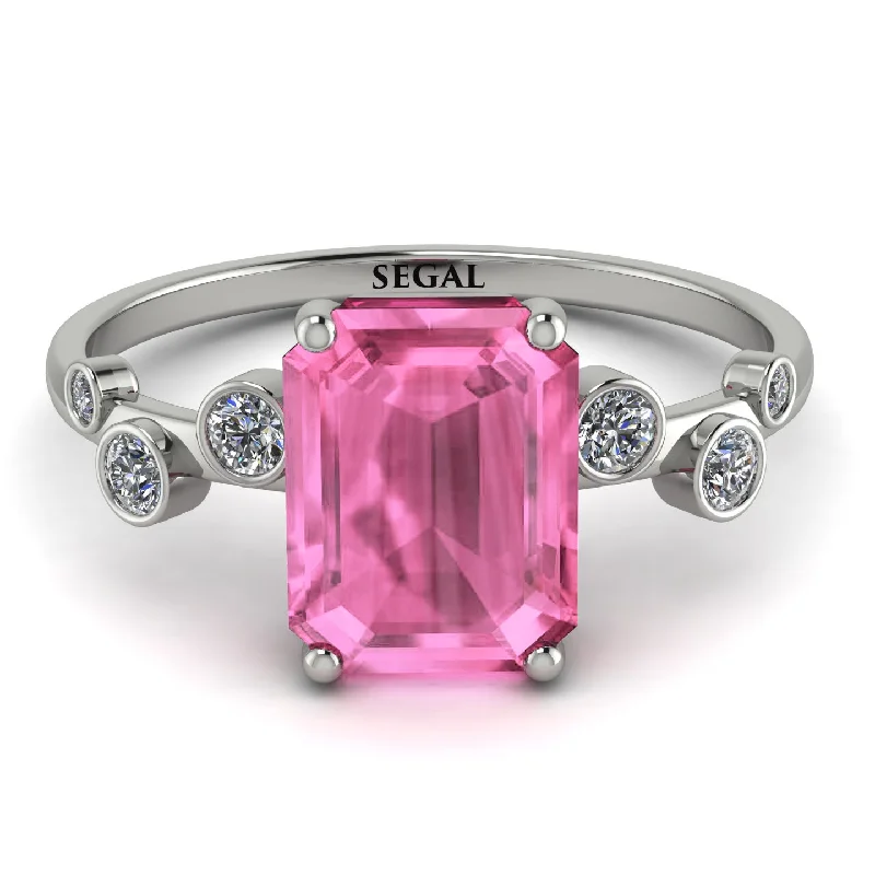 Gold Wedding Band with Diamonds-Emerald Cut Pink Moissanite Ring With Bezel - Alina No. 803