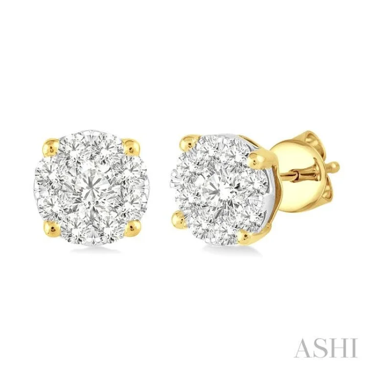 Large Statement Earrings-3/4 Ctw Lovebright Round Cut Diamond Stud Earrings in 14K Yellow and White Gold