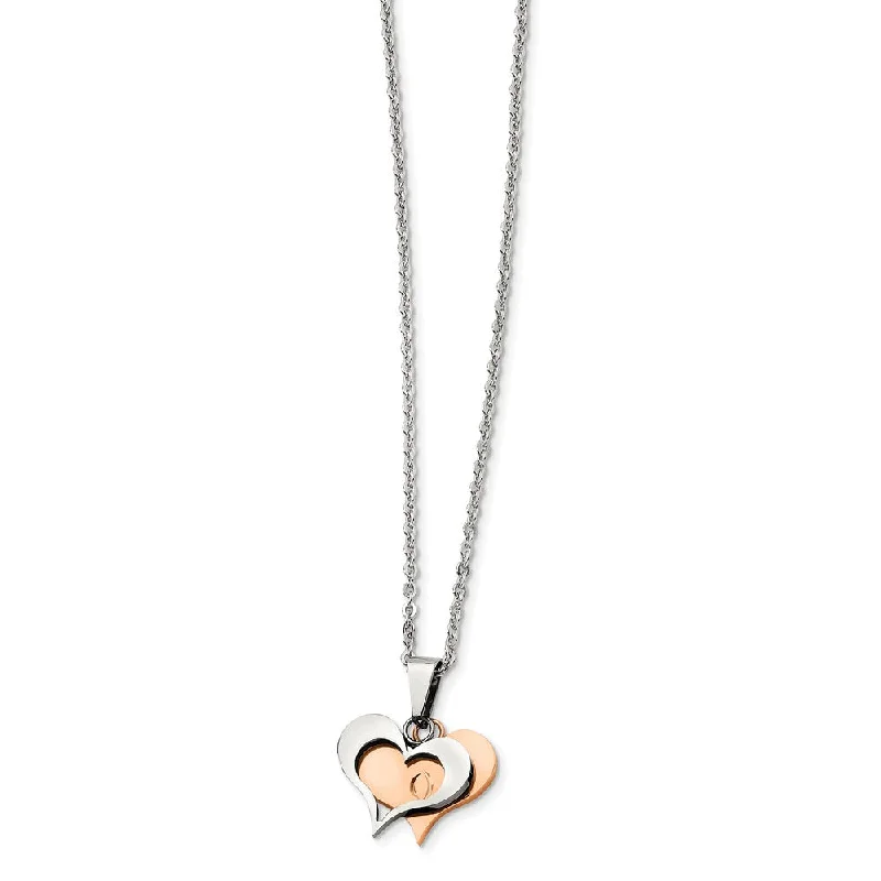 Modern Necklace for Evening Outfits-Stainless Steel and Rose Gold Tone Double Heart Necklace, 22 Inch