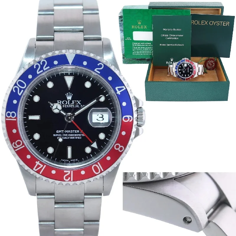 Fashion Watches for Women-MINT 2002 Rolex GMT-Master II 2 Pepsi Blue Red Steel 16710 Watch Black Watch Box