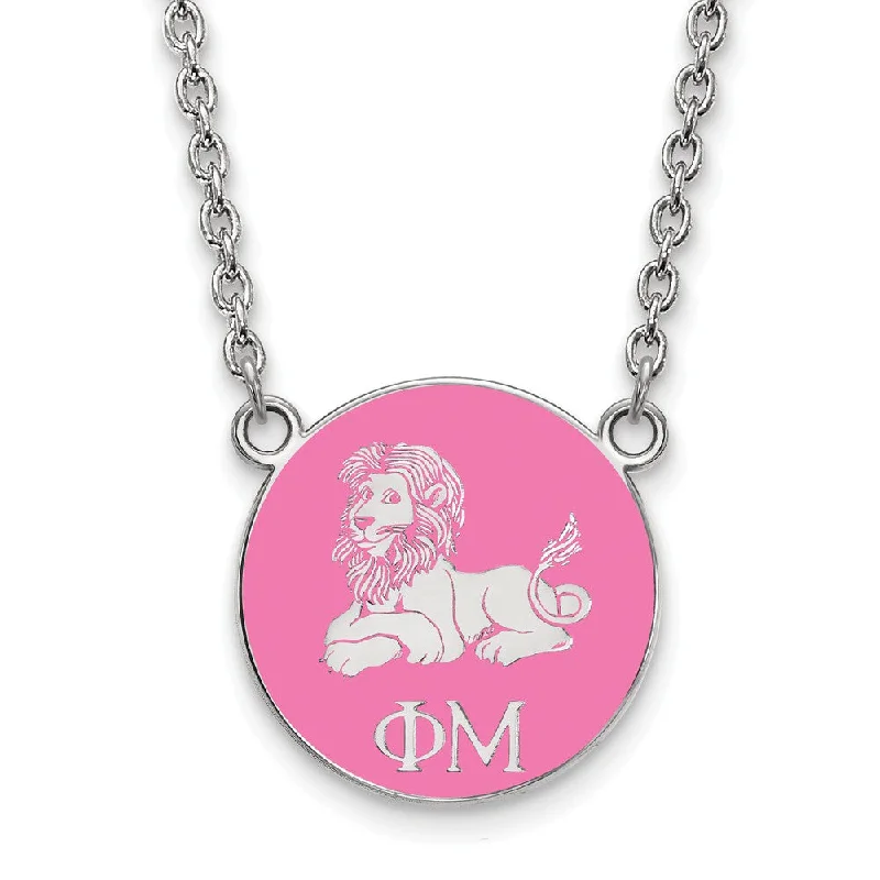 Rainbow Necklace for Festivals-Sterling Silver Phi Mu Small Pink Enamel Lion Disc Necklace