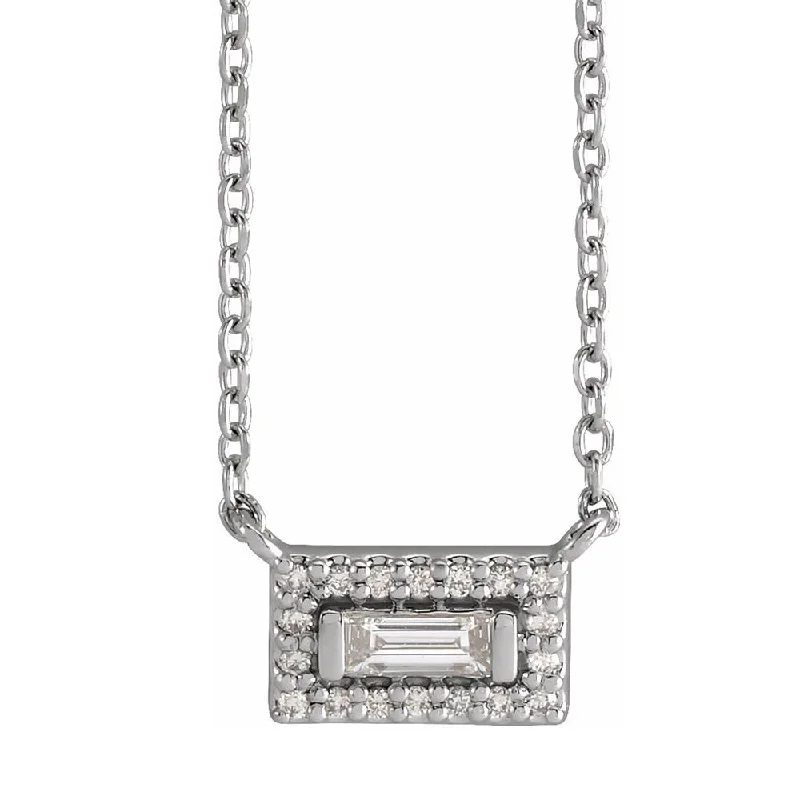 Unique Statement Necklace for Bold Fashion-14K White Gold 1/10 CTW Diamond Baguette Halo-Style Necklace