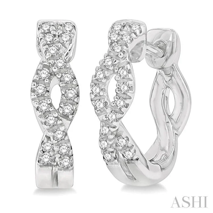 Luxury Gold Earrings for Anniversary-1/6 Ctw Entwined Round Cut Diamond Huggie Earrings in 14K White Gold