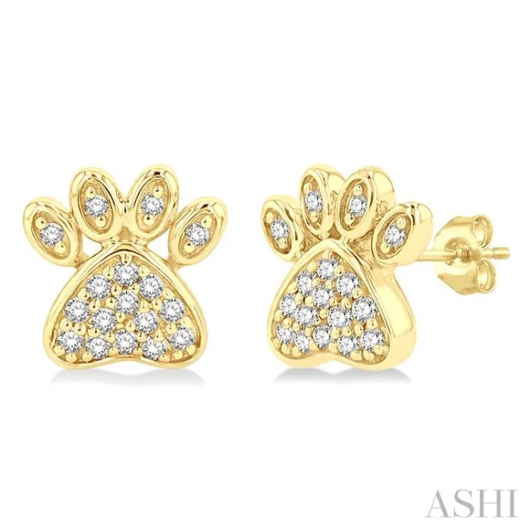 Multi-color Earrings for Fashionistas-1/8 ctw Petite Dog Paw Round Cut Diamond Fashion Stud Earring in 10K Yellow Gold