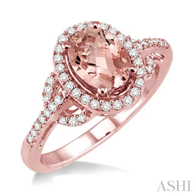 Handcrafted Diamond Ring for Engagement-8x6MM Oval Cut Morganite and 1/3 Ctw Round Cut Diamond Ring in 14K Rose Gold