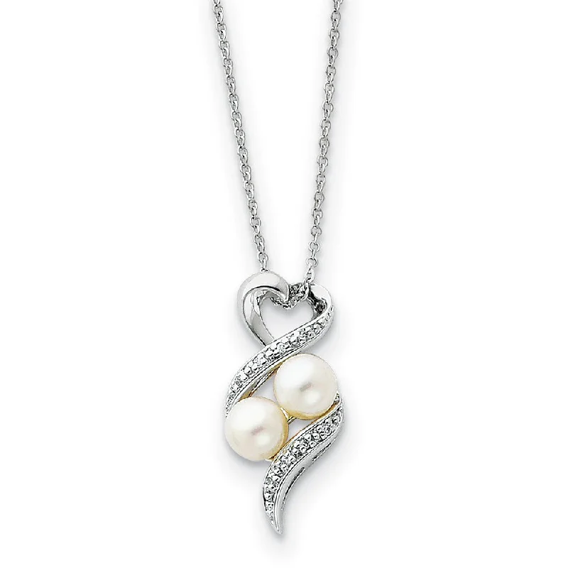 Luxurious Diamond Necklace-Sterling Silver, FW Cultured Pearl & CZ 2 P's in a Pod Heart Necklace