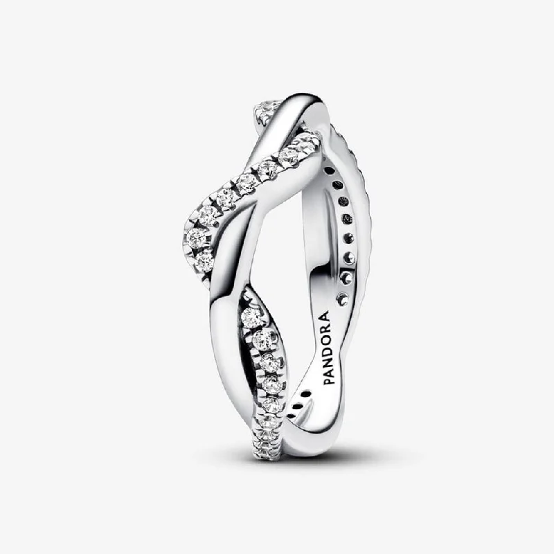 Luxury Ring with Gold and Diamonds-PANDORA : Sparkling Intertwined Wave Ring - Sterling Silver