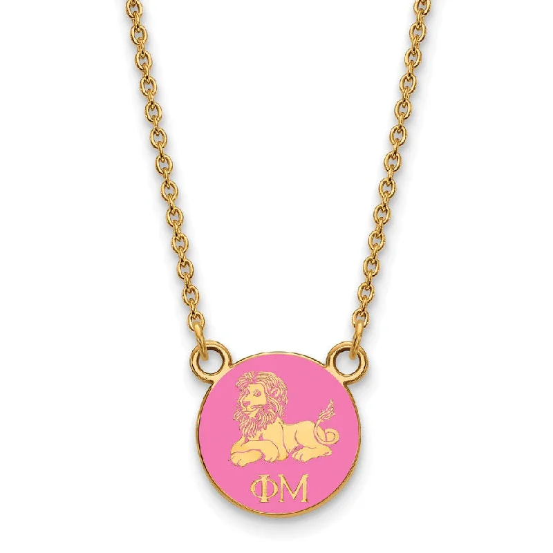 Gold Necklace for Women-14K Plated Silver Phi Mu XS (Tiny) Pink Enamel Logo Necklace