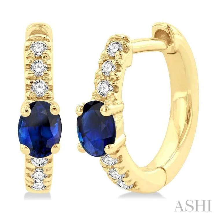 Elegant Gold Earrings for Brides-1/10 ctw Petite 4X3MM Oval Cut Sapphire and Round Cut Diamond Fashion Huggies in 10K Yellow Gold