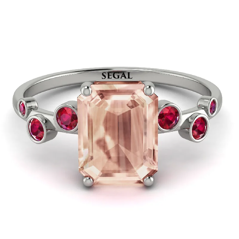 Elegant Silver Engagement Ring-Emerald Cut Morganite Ring With Bezel - Alina No. 912