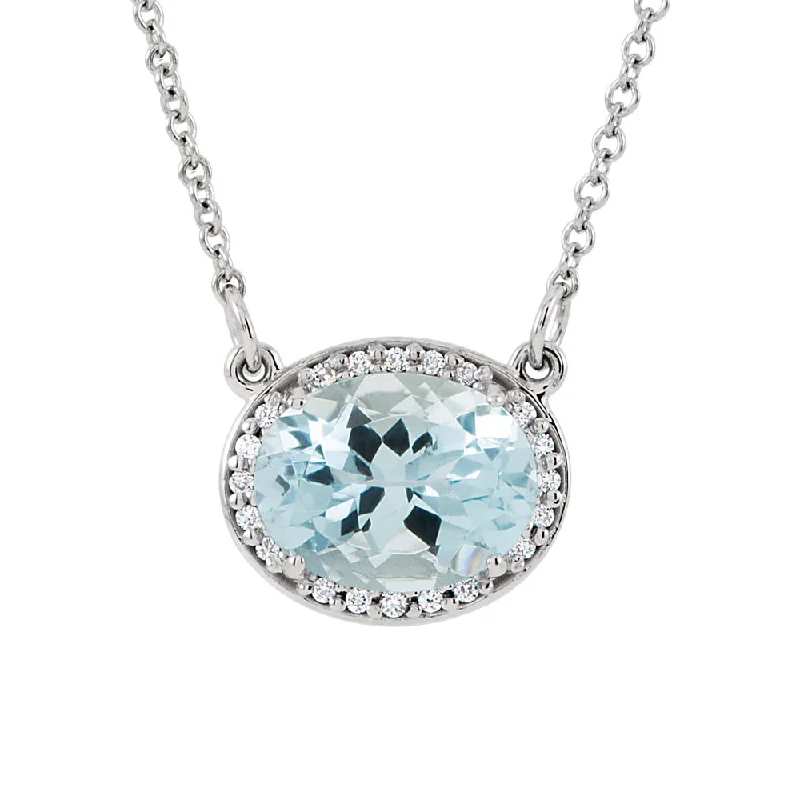 Stylish Necklace for Daily Wear-Oval Aquamarine & .05 Ctw Diamond Necklace in 14k White Gold, 16 Inch