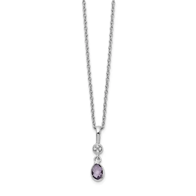 Stylish Pendant Necklace for Trendy Looks-Oval Amethyst & Diamond Necklace in Rhodium Plated Silver, 18-20 Inch