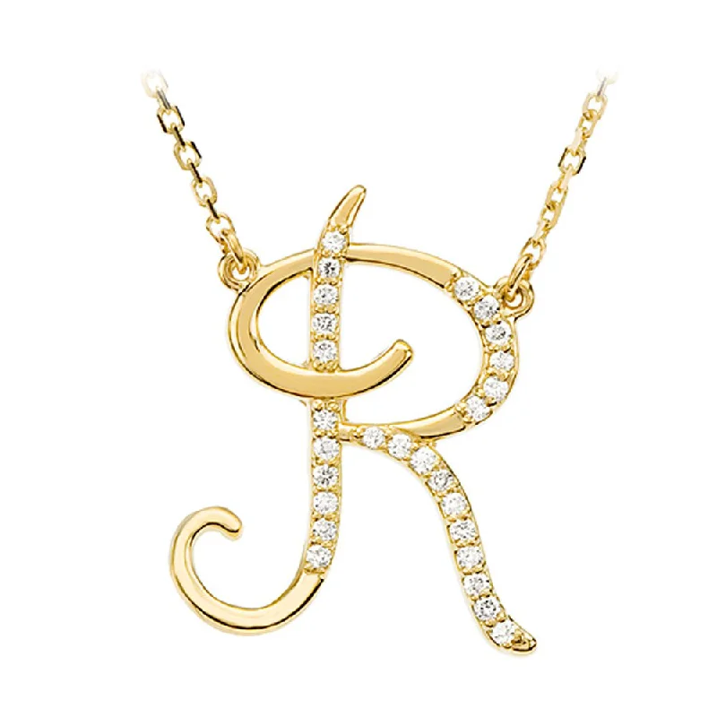 Fine Gold Necklace for Luxury Look-1/8 Ct Diamond 14k Yellow Gold Medium Script Initial R Necklace, 17in