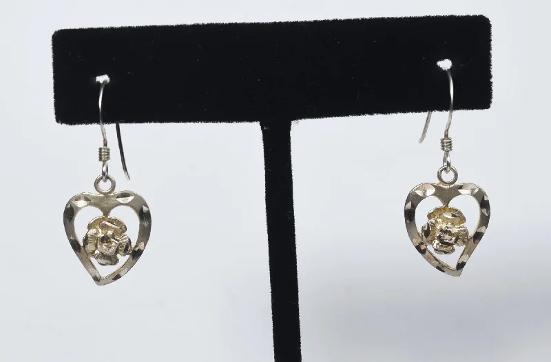 Stylish Statement Earrings-Sterling Silver Heart Rose Dangle Earrings