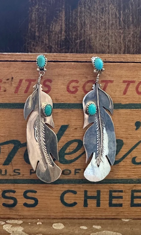 Vintage Style Drop Earrings-BIRDS OF A FEATHER Silver and Turquoise Navajo Statement Earrings