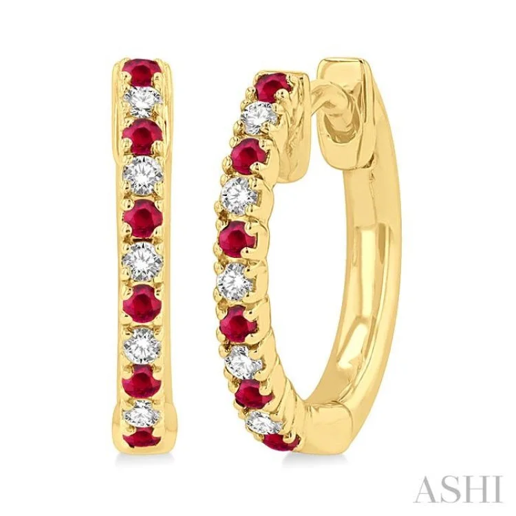 Stunning Earrings for Evening Events-1/10 ctw Petite 1.35MM Ruby and Round Cut Diamond Precious Fashion Huggies in 10K Yellow Gold