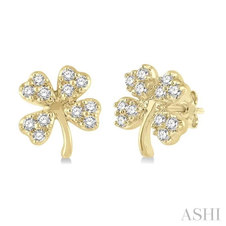 Statement Silver Earrings for Bold Style-1/10 Ctw Four-Leaf Clover Round Cut Diamond Petite Fashion Earring in 14K Yellow Gold