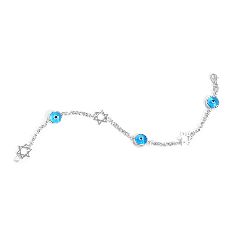 Fashionable Bracelets with Charms-Sterling Silver Blue Evil Eye Star of David Bracelet / DIS0044