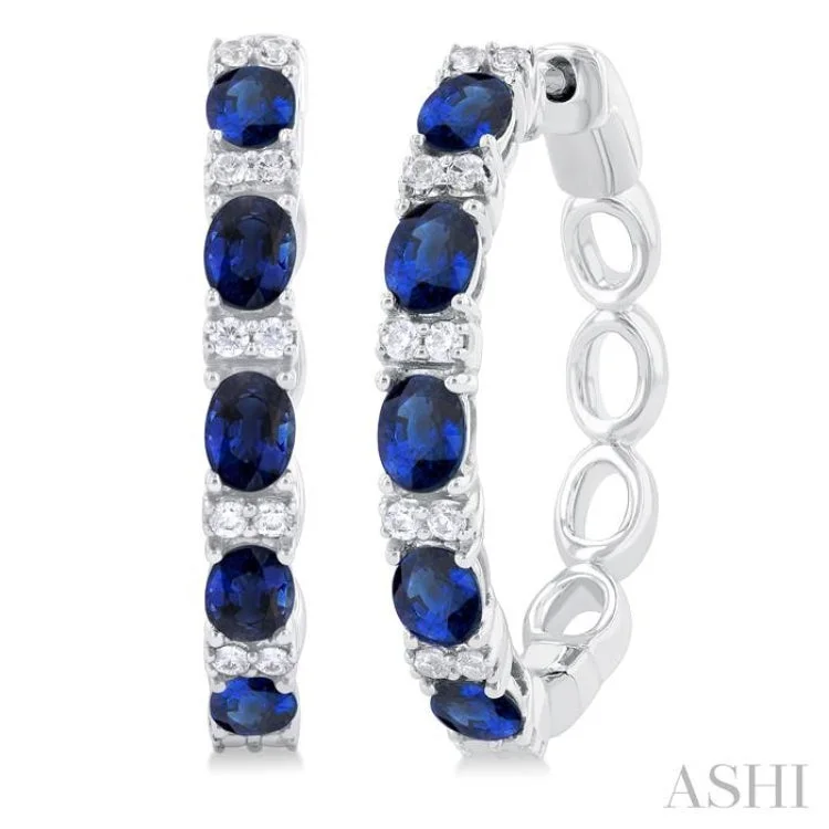 Chunky Earrings for Fashion-1/4 ctw Oval Cut 4X3MM Sapphire and Round Cut Diamond Precious Hoop Earring in 14K White Gold