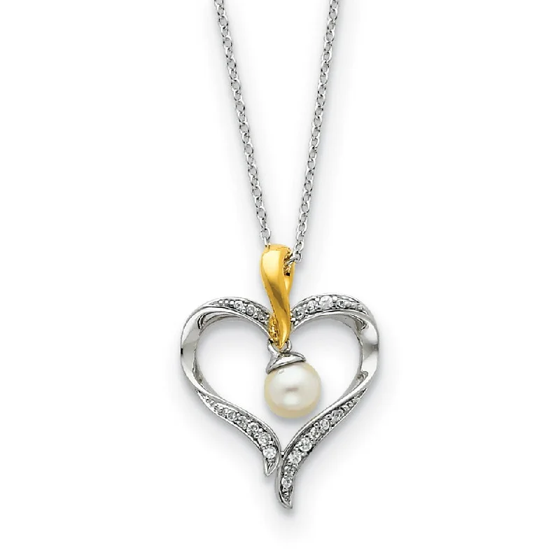 Charm Necklace for Casual Wear-Plated Sterling Silver, FW Cultured Pearl & CZ Heart & Soul Necklace