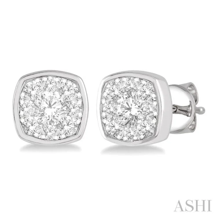 Geometric Earrings for Women-1/2 ctw Cushion Shape Round Cut Diamond Lovebright  Bezel Stud Earring in 14K White Gold