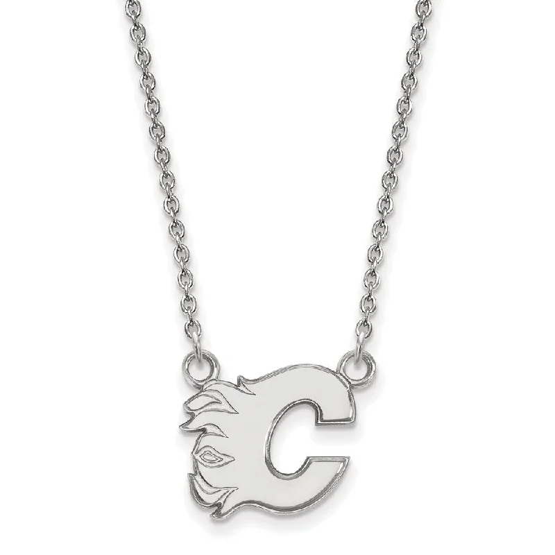 Gold Bar Necklace for Trendy Style-14k White Gold NHL Calgary Flames Small Necklace, 18 Inch