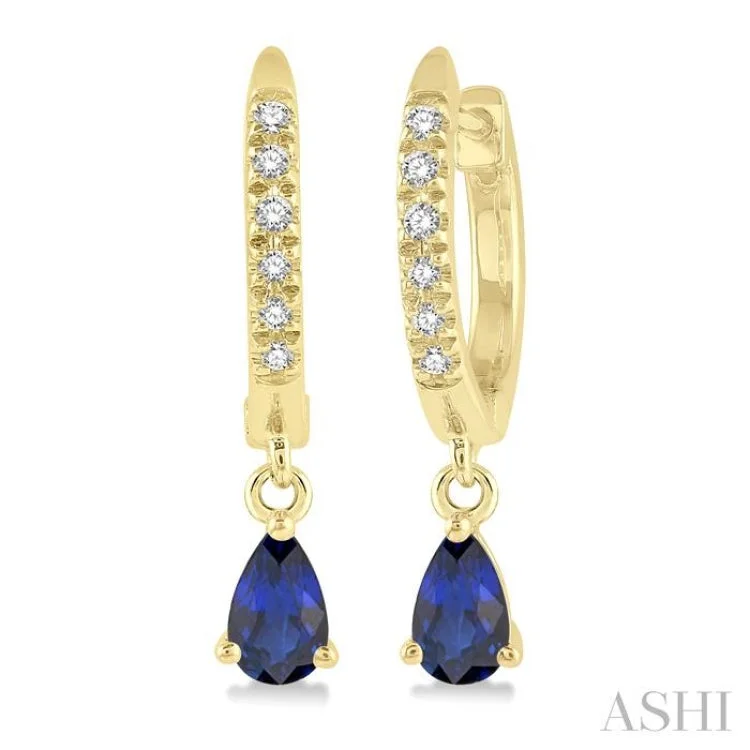 Chic Earrings for Stylish Women-1/8 Ctw Round Cut Diamond & 5x3MM Pear Cut Sapphire Petite Fashion Huggie Earrings in 14K Yellow Gold