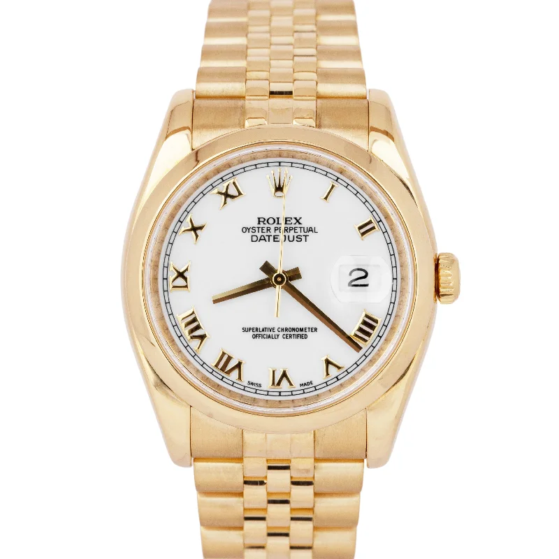 Watches with Dual Time Zones for Travelers-Rolex DateJust 36mm White Roman 18K Yellow Gold Smooth Jubilee Watch 116208