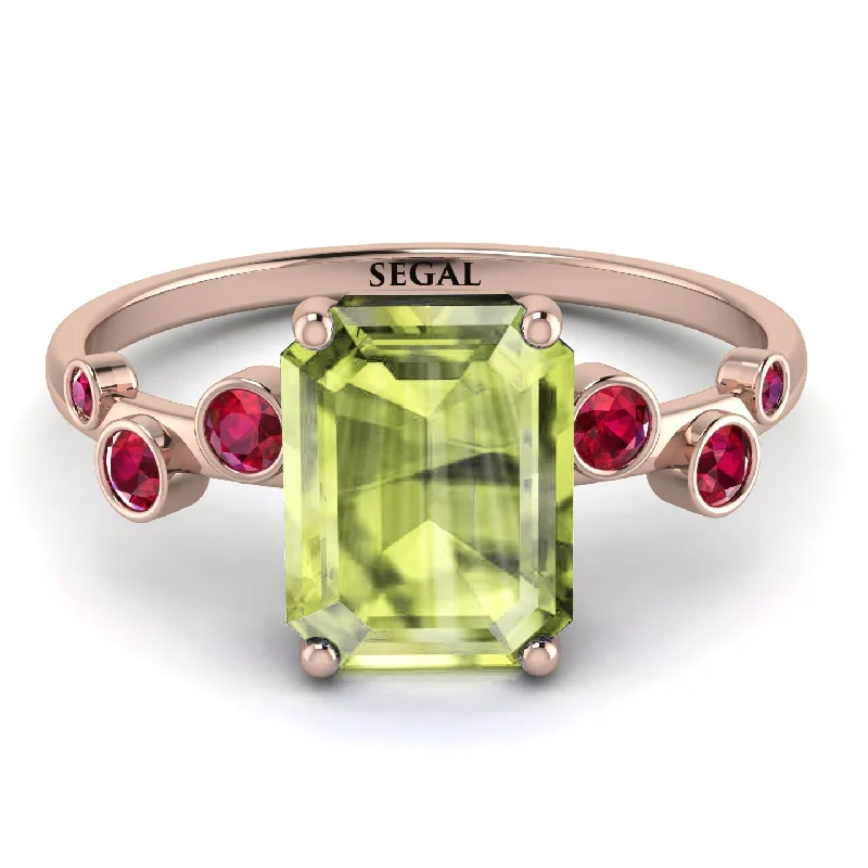 Elegant Diamond Ring for Engagement-Emerald Cut Peridot Ring With Bezel - Alina No. 711