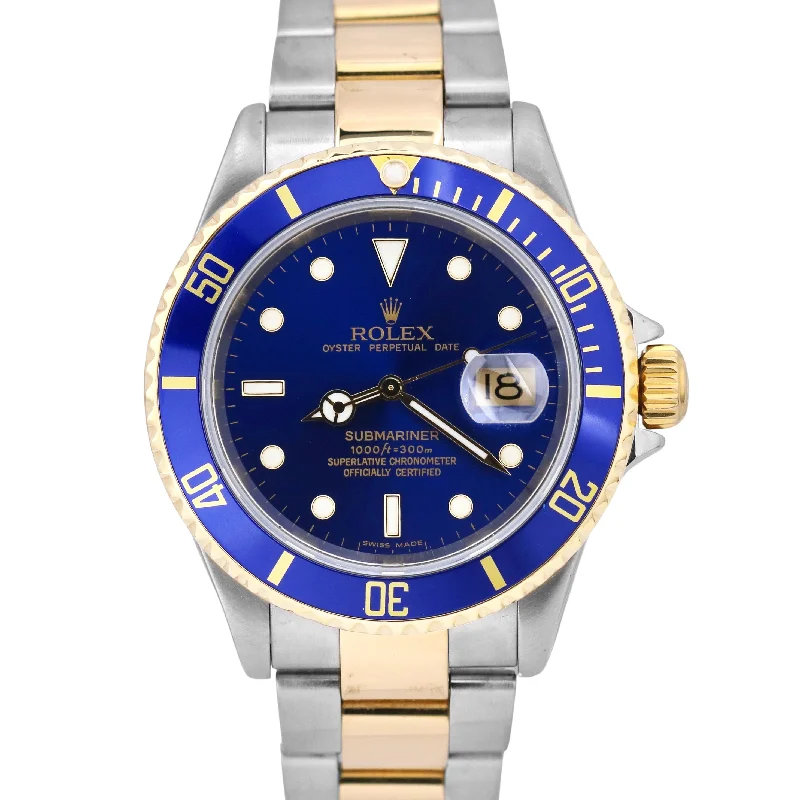 Men's Watches with Unique Watch Hands-Rolex Submariner Date 40mm Blue Two-Tone 18K Gold Steel NO-HOLES Watch 16613