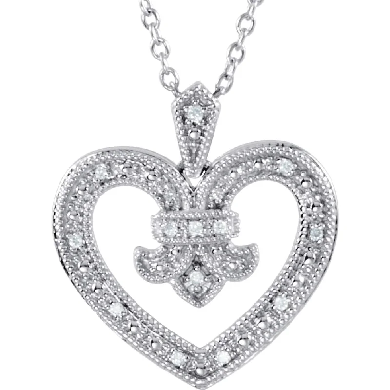 Bold Fashion Necklace for Evening Events-Sterling Silver and Diamond Heart Necklace, 18 Inch